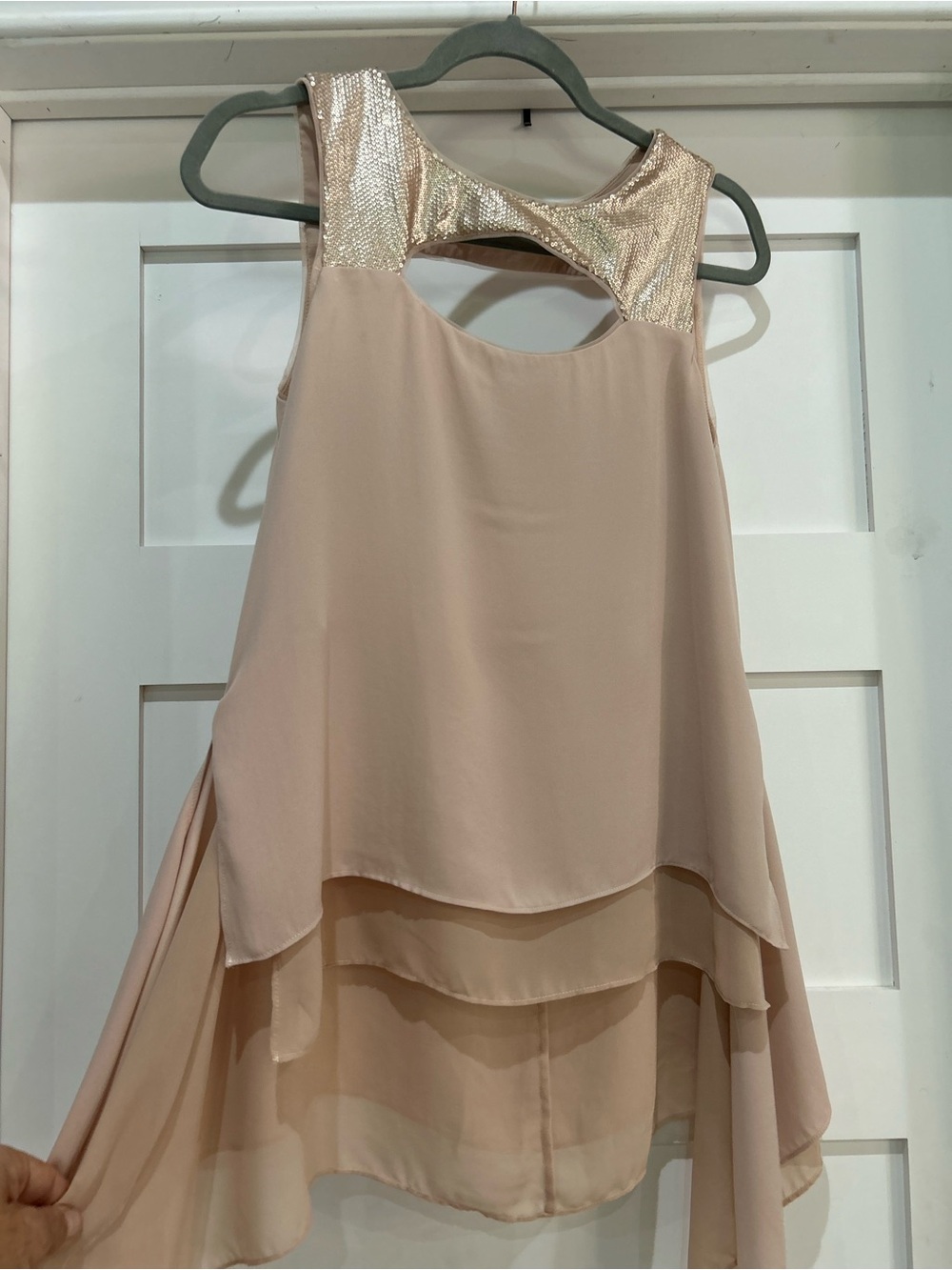 BCBG MAXAZRIA size S, Blush Pink Layered Chiffon Tank w/Metallic Sequined Yoke